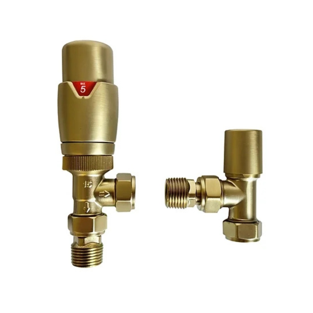 Product cut out image of the Radox Brushed Brass Thermostatic Angled Valves